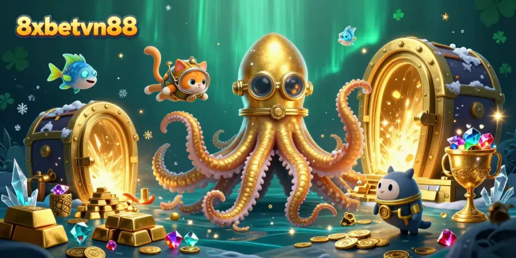 Experience thrilling gameplay at 8xbetvn88 with a treasure-filled ocean scene featuring a kraken and diving cat.