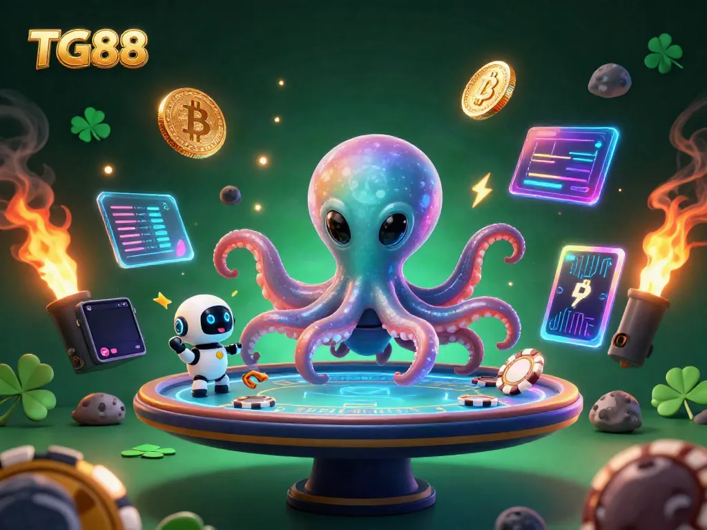 Engage in thrilling gameplay at TG88 with a vibrant 3D casino scene featuring an alien octopus and robot.