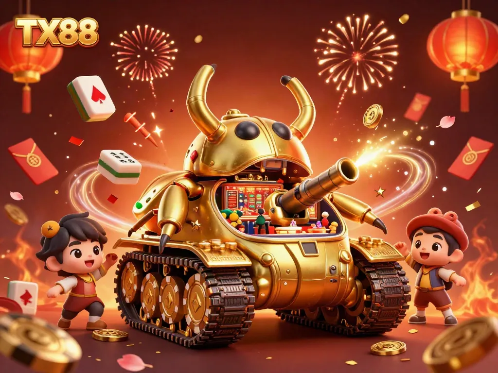 Experience the thrill of TX88 with a festive casino scene featuring a golden beetle tank and vibrant elements.