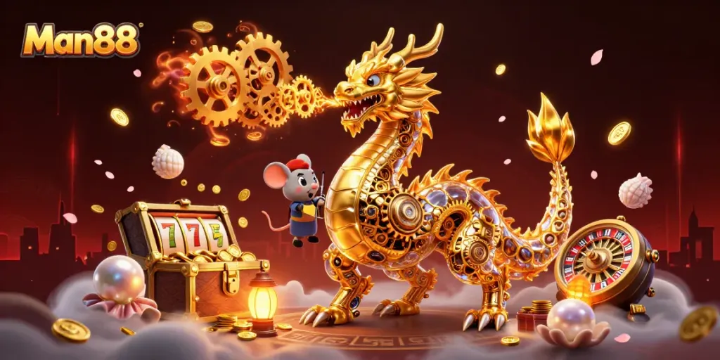 Bet on winning slots with Man88, featuring a golden dragon and dynamic casino elements.