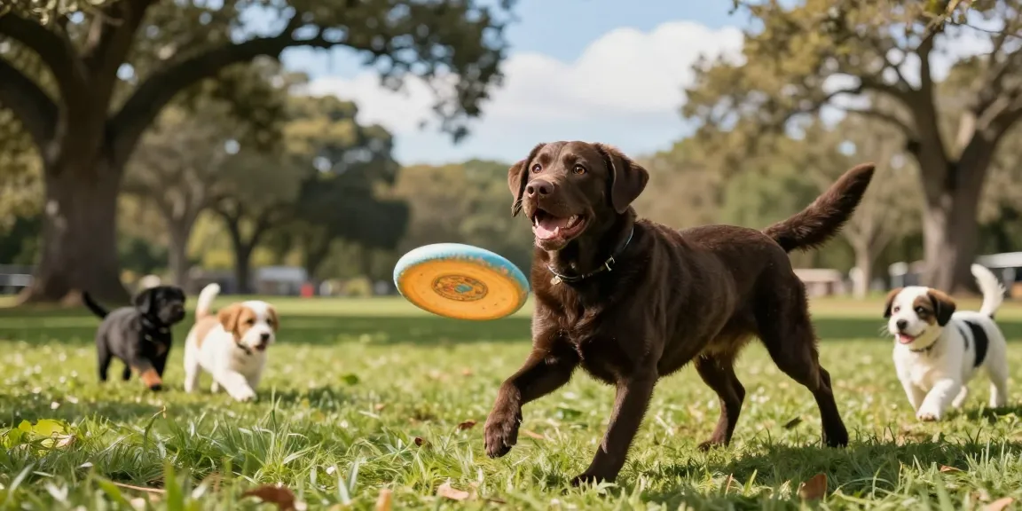 Chocolate labrador retriever joyfully playing fetch in a sunny park.
