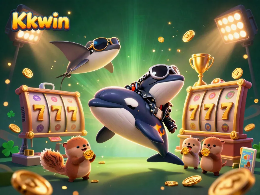Kkwin showcases a thrilling scene with an orca, stingray, and sea otters amidst slot reels and golden coins.