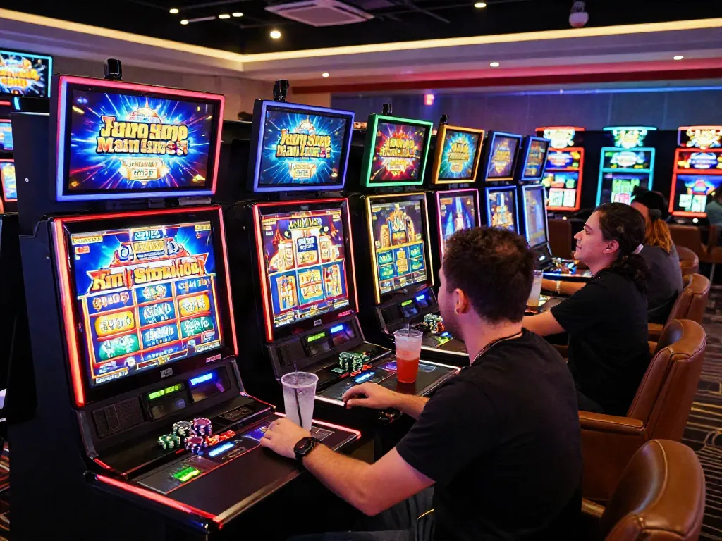 Engaged player enjoying UK slots not on GamStop in a vibrant casino environment.