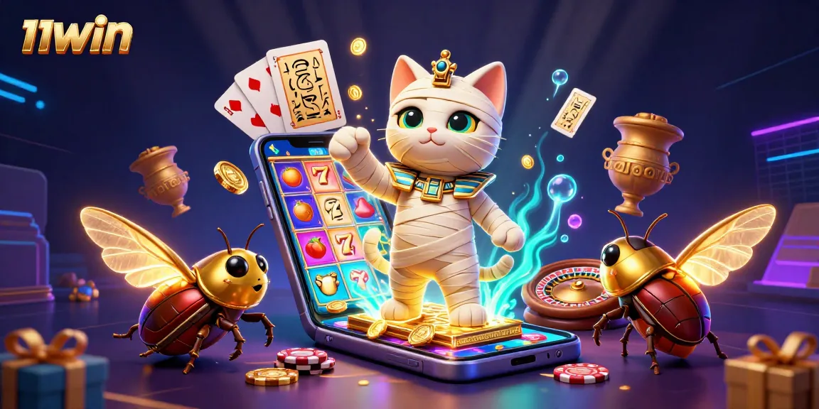 Engage with 11WIN's thrilling gaming experience featuring the Egyptian mummy cat & vibrant slot visuals.