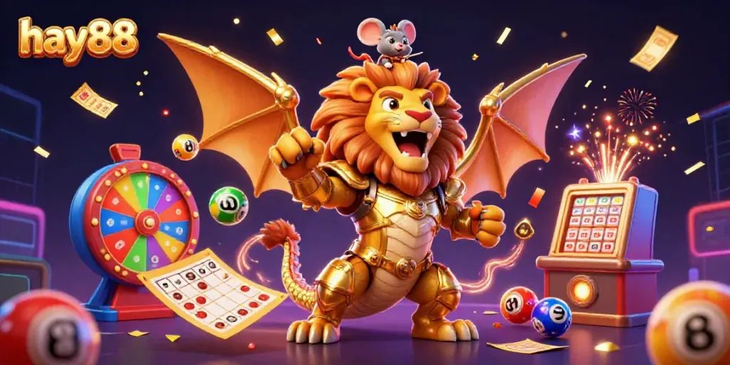 Experience excitement and win at hay88 with a vibrant casino scene featuring a golden chimera and dynamic lottery elements.