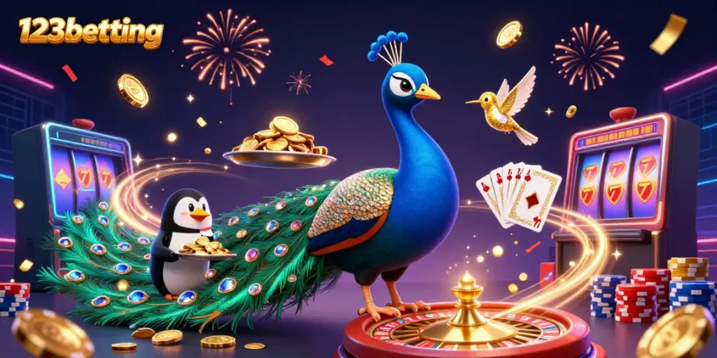 Experience thrilling entertainment with 123betting featuring a peacock and dazzling casino elements.