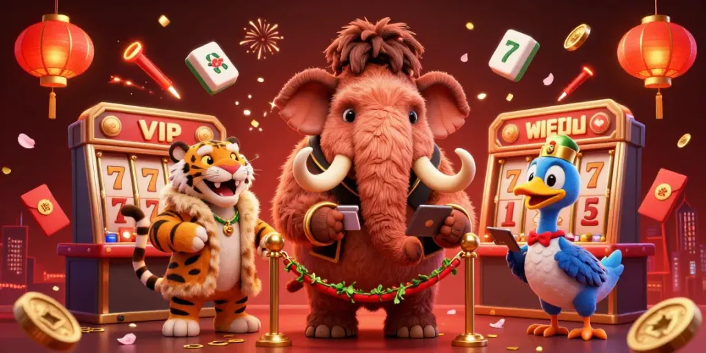 Fun79 casino scene showcasing a mammoth bouncer, saber-tooth VIP, and dodo doorman surrounded by vibrant gaming elements.