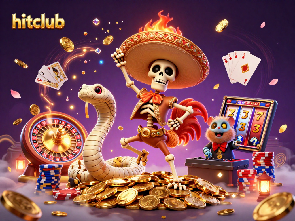 Hitclub’s colorful illustration showcases a victorious mariachi rooster and DJ hamster in a lively casino scene.