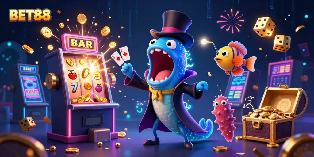 Experience BET88's thrilling atmosphere with vibrant casino-themed characters and explosive jackpot elements.