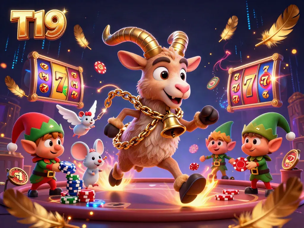 Engage with T19’s festive casino scene featuring Krampus, angel mouse, and cheeky gremlins in a vibrant, dynamic illustration.