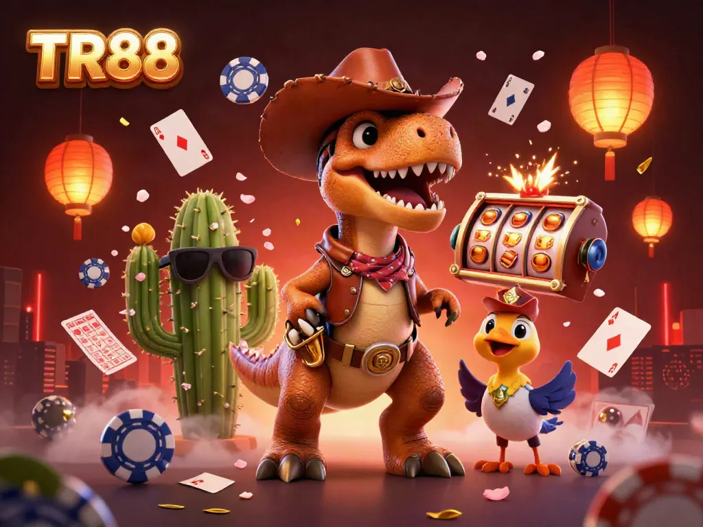 Engage with thrilling TR88 action amidst a dynamic 3D gambling scene full of excitement.