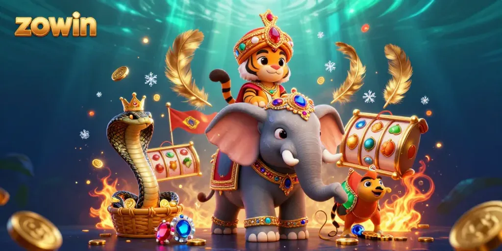 Engage in the vibrant world of zowin with a 3D scene of a maharaja tiger and casino elements.