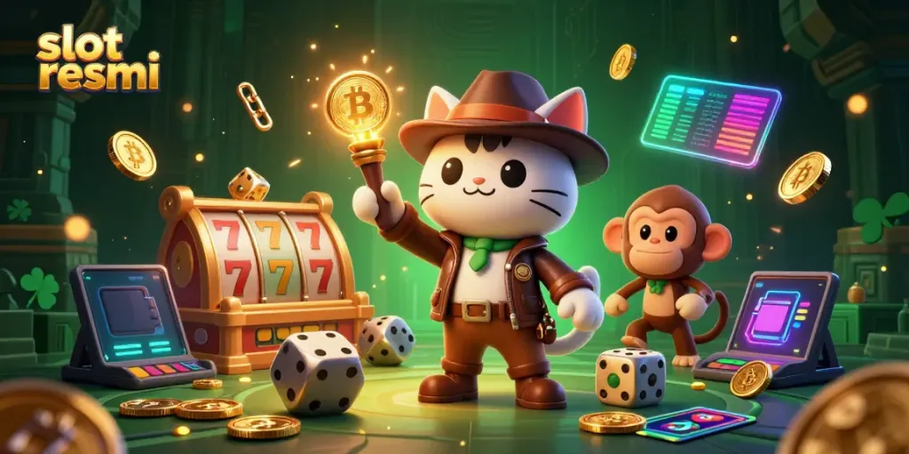 Engage with slot resmi's captivating adventure featuring an archaeologist cat and monkey in a vibrant casino-themed temple.