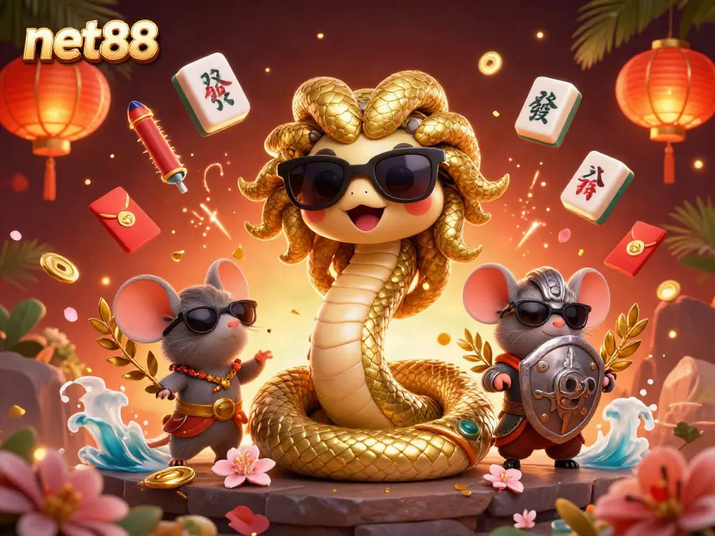 Engaging net88 casino scene with Medusa and warrior mouse amidst colorful gaming elements.