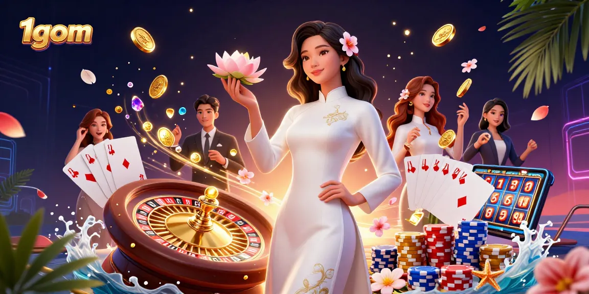 Bet on 1gom and win with elegant Asian woman holding a lotus and golden coin amidst sparkling casino elements.