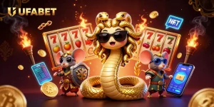 Engage in slot gaming at UFABET with vibrant Medusa and warrior characters in a rich casino scene.