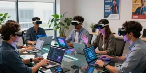 Professionals using AR glasses to collaborate in a modern tech workspace.