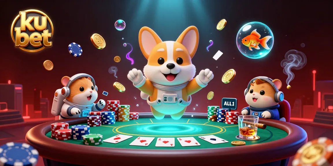 Engage with ku bet in a colorful cosmic casino, featuring a playful astronaut corgi and floating poker chips.