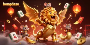 Bongdaso showcases a dynamic scene with a chimera in golden armor and a mouse jockey amidst casino elements.