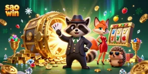 Engaging illustration of sao win featuring suave raccoon and companions amidst thrilling jackpot elements.