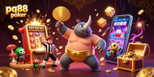 Experience thrilling gameplay at pq88 poker with a vibrant scene of a rhinoceros beetle champion surrounded by dynamic casino elements.
