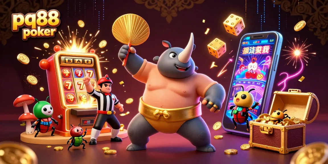 Experience thrilling gameplay at pq88 poker with a vibrant scene of a rhinoceros beetle champion surrounded by dynamic casino elements.
