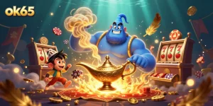 Spin the reels with ok65 as the genie and monkey create a world of adventure in a vibrant casino scene.