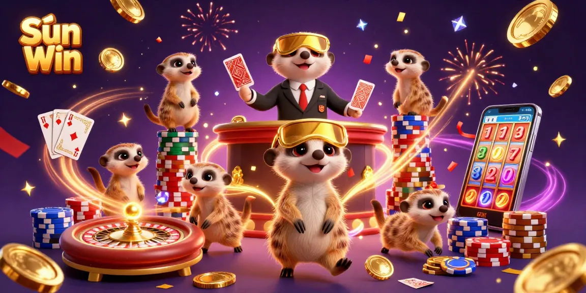 Experience the magic of Sun Win gaming in a lively meerkat casino scene, showcasing slots and card games.