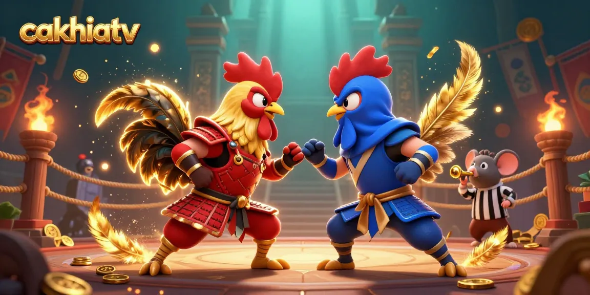 Cakhiatv offers a dynamic representation of roosters in combat, enveloped in gold, showcasing intense action in a vibrant gambling arena.