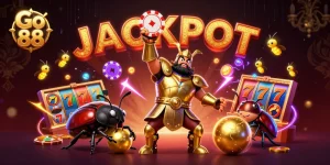 Engage in winning at Go 88 with festive characters celebrating a big jackpot in vibrant casino illustration.