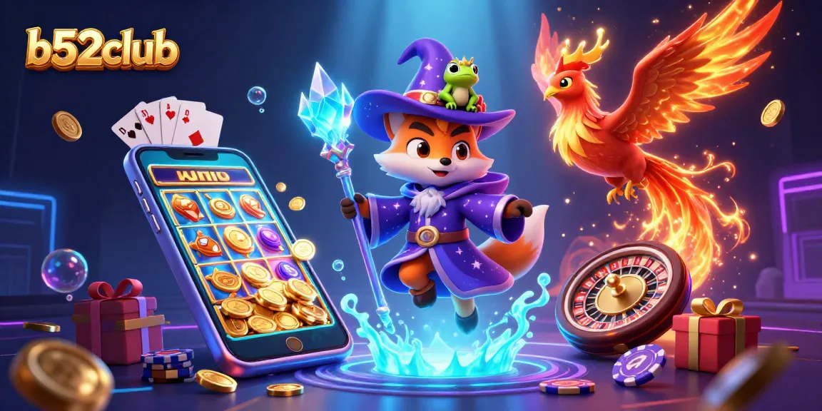 B52club captivates with a mystical wizard fox, phoenix, and enchanted frog among vibrant gaming elements, inspiring action.