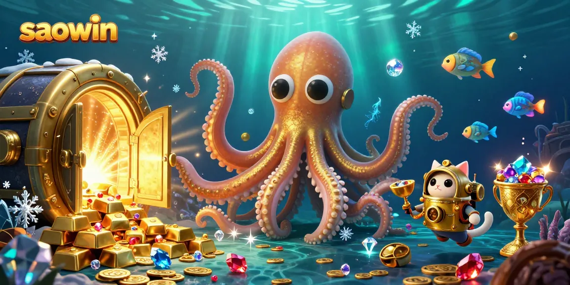 Join saowin for thrilling underwater adventures with a kraken and diving cat in a treasure-filled illustration.