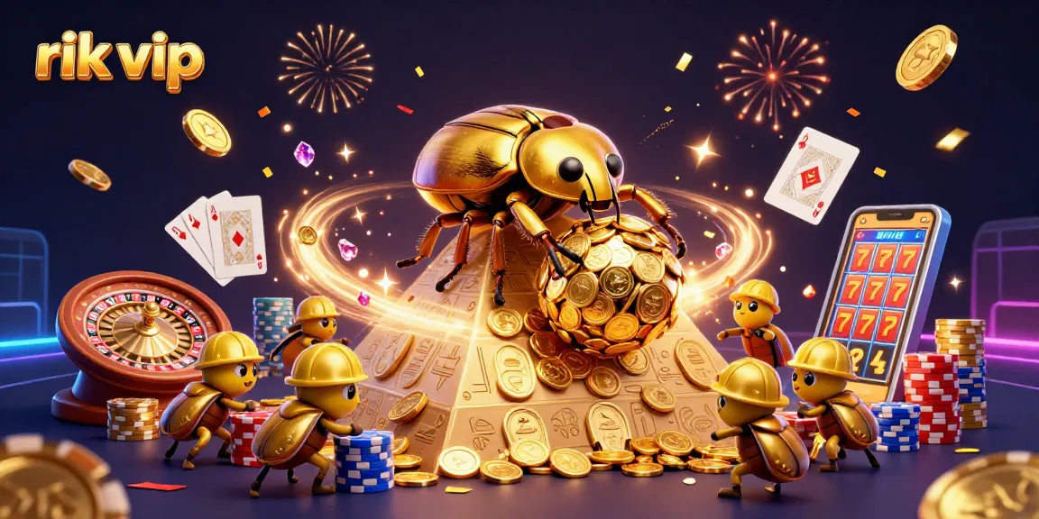 Experience rich gaming at rik vip with vibrant casino elements including a golden beetle, coins, and roulette.