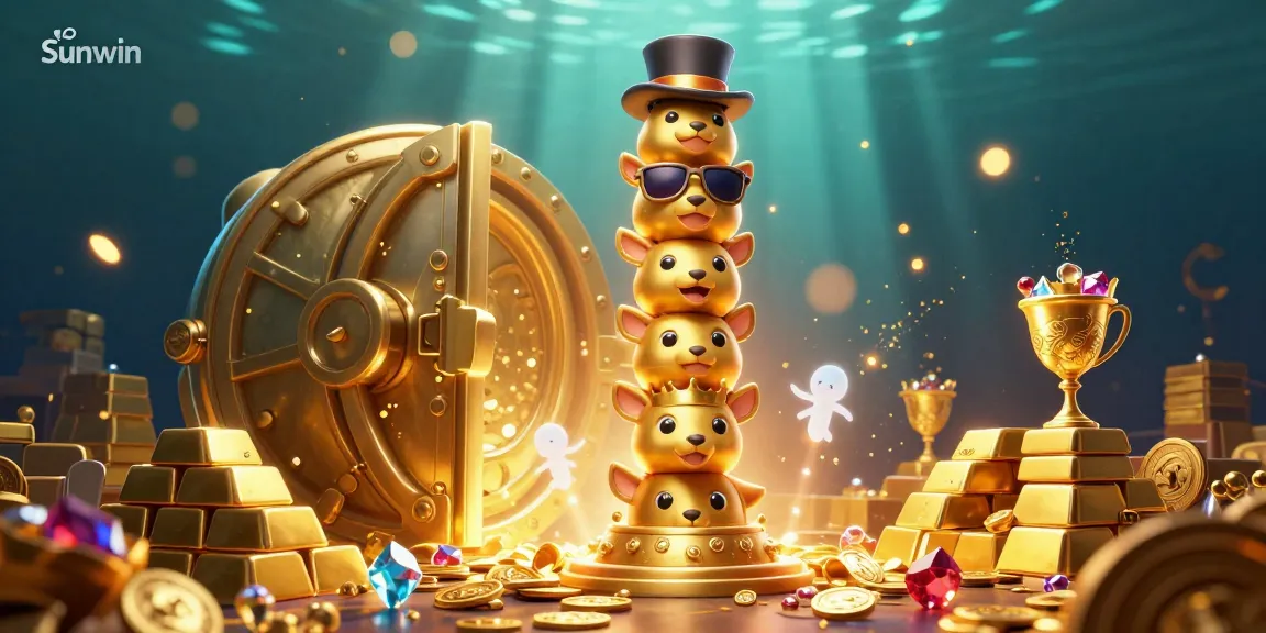 Experience the thrilling world of Sunwin with vibrant animated characters, treasure, and casino elements.