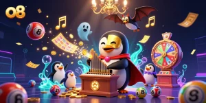 Engage with the vibrant world of o8 as a 3D cartoon phantom opera penguin entertains with musical flair amidst gambling elements.