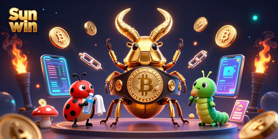 Engage in thrilling gameplay with Sun win, featuring a giant stag beetle in an epic boxing match among vibrant crypto elements.