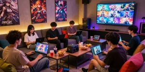Friends enjoying gay hentai games in a vibrant gaming lounge atmosphere with colorful decor.