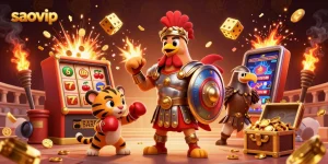 Experience exciting gameplay at saovip with a dynamic gladiator rooster and interactive casino elements.
