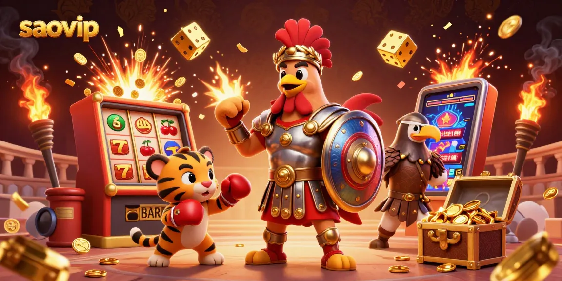 Experience exciting gameplay at saovip with a dynamic gladiator rooster and interactive casino elements.