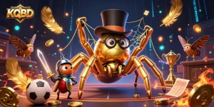 KQBD offers dynamic sports betting action with a colorful scene featuring a golden tarantula, beetle knight, and atmospheric casino elements.