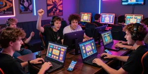 Engaged players enjoying situs slot deposit 10 ribu online gaming experience in vibrant lounge.