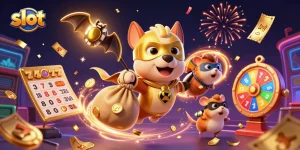 Win big with slots as a superhero dog flies with gold coins and vibrant gaming elements