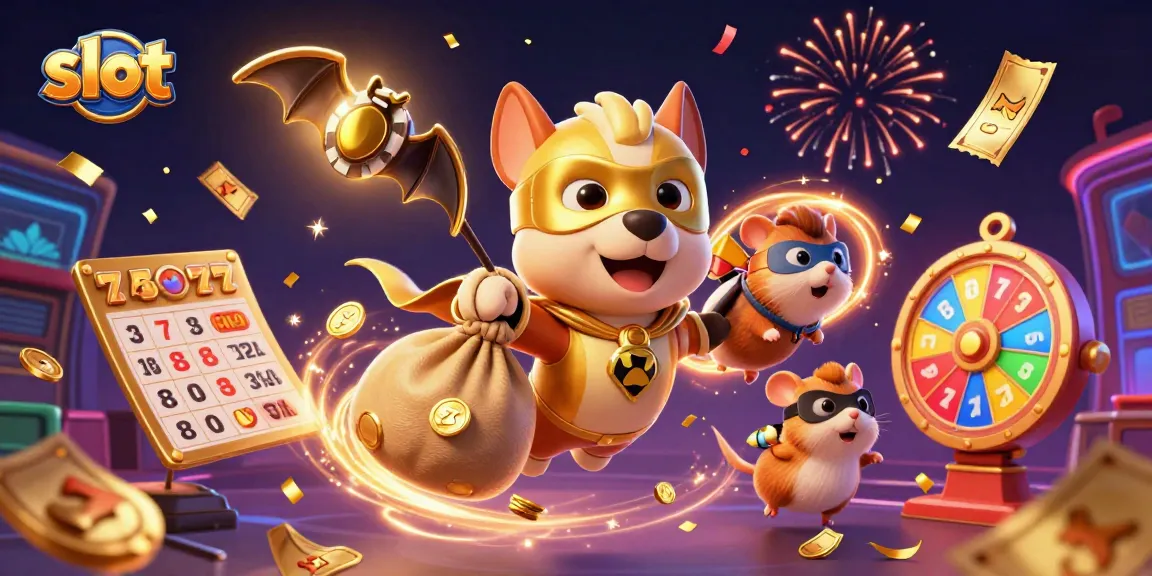 Win big with slots as a superhero dog flies with gold coins and vibrant gaming elements
