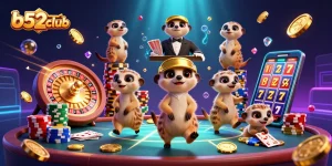 B52club meerkat casino scene with dynamic gaming elements and vibrant colors.