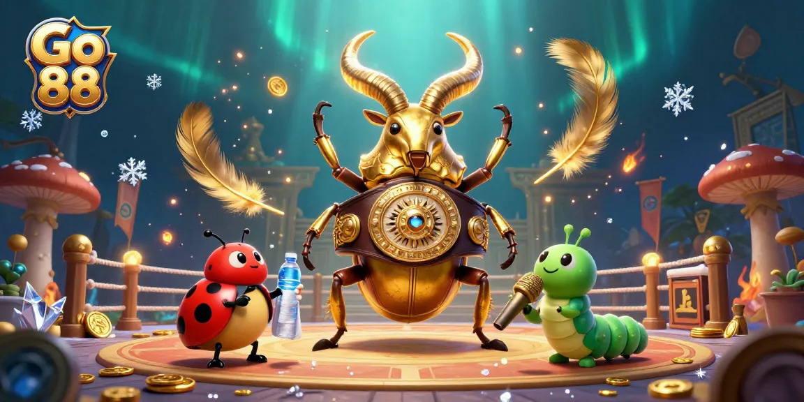 Experience the thrill of Go 88 casino with a vibrant scene of a golden stag beetle champion and dynamic elements.