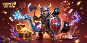 Engage in game bài đổi thưởng with Viking warrior and fierce dragon amidst treasure and cards.