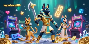 Engage with keonhacai86's vibrant casino scene featuring Anubis and Bastet amid arcade style.
