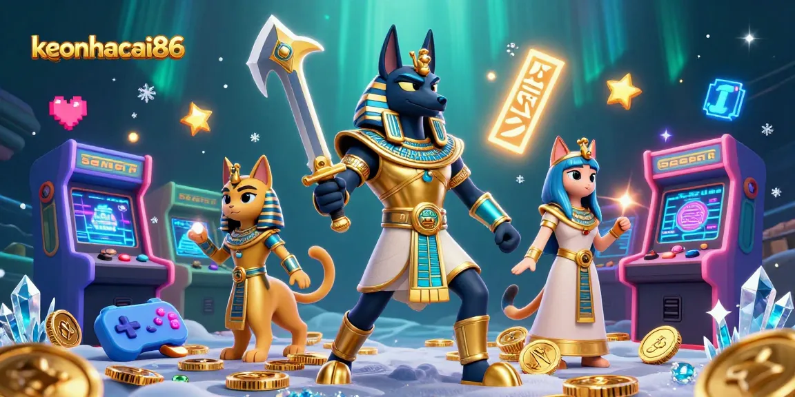 Engage with keonhacai86's vibrant casino scene featuring Anubis and Bastet amid arcade style.