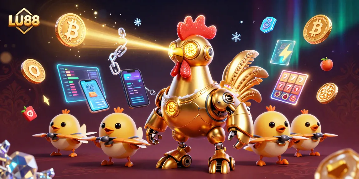 Engage in thrilling slot action with LU88 depicted in a vibrant 3D casino illustration featuring a golden rooster robot.