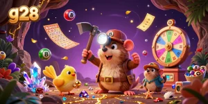 Engage with g28 in a vibrant 3D casino scene filled with lottery excitement and golden treasures.